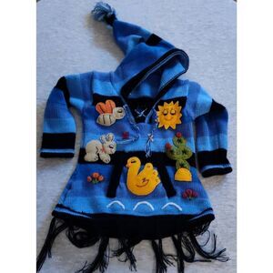 PERUVIAN HAND KNIT PATCHWORK HOODED PULLOVER SWEATER BLUES NEW